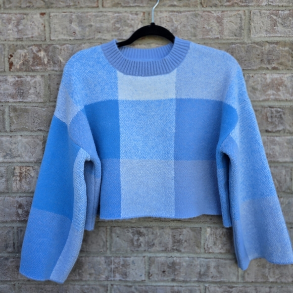 Jessica Simpson Sweater Womens Blue Cropped Check Soft Oversized Size Small - Picture 8 of 8